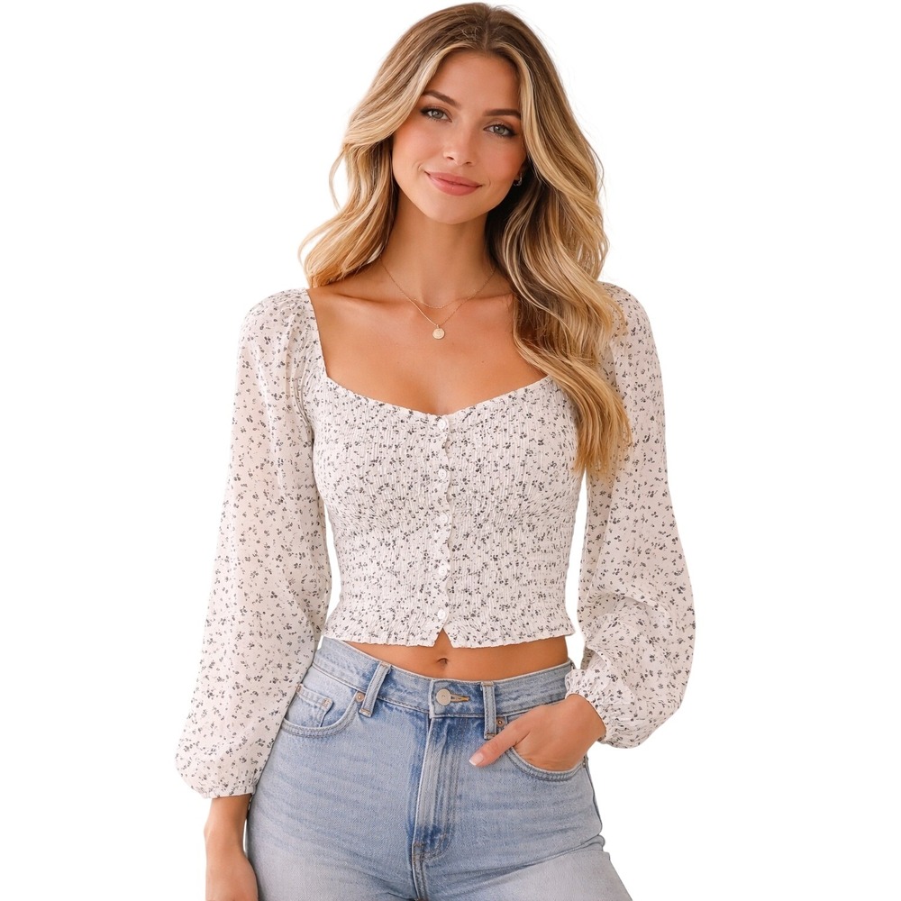 Aeropostale Floral Puff Sleeve Top Womens XL Cream Navy New Button Front Smocked
